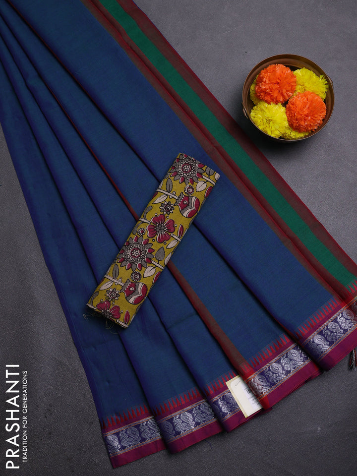 Peacock Blue & Mehendi Green Narayanpet Cotton - Kalamkari Blouse