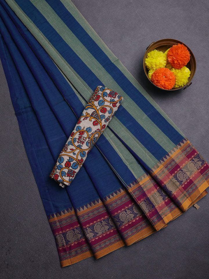 Peacock Blue & Beige Narayanpet Cotton - Kalamkari Blouse