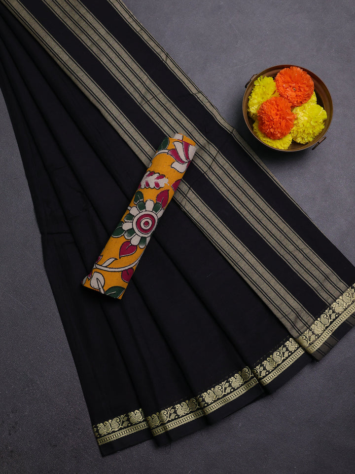Black & Mustard Yellow Narayanpet Cotton - Kalamkari Blouse