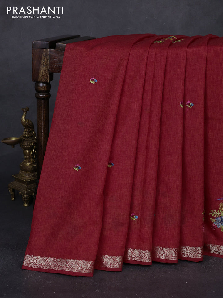 Red Art Tussar Silk - Embroidery