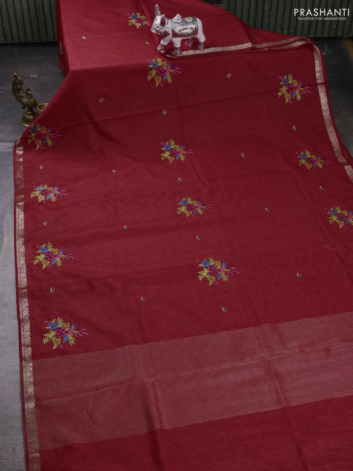 Red Art Tussar Silk - Embroidery