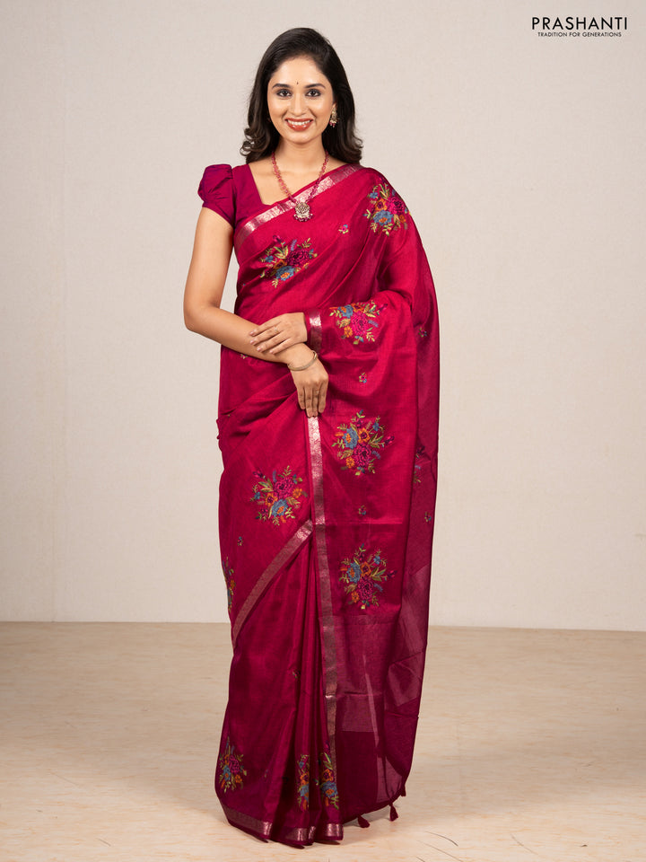 Pink Art Tussar Silk - Embroidery