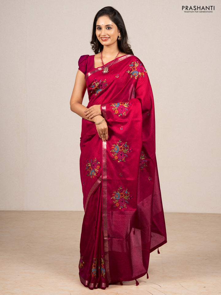 Pink Art Tussar Silk - Embroidery