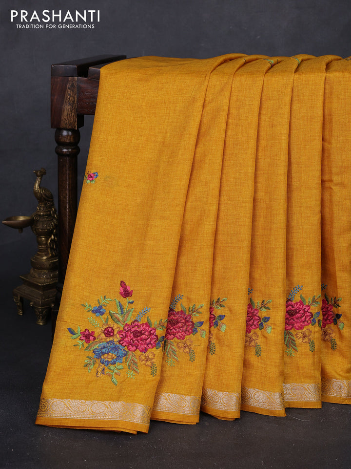 Mango Yellow Art Tussar Silk - Embroidery