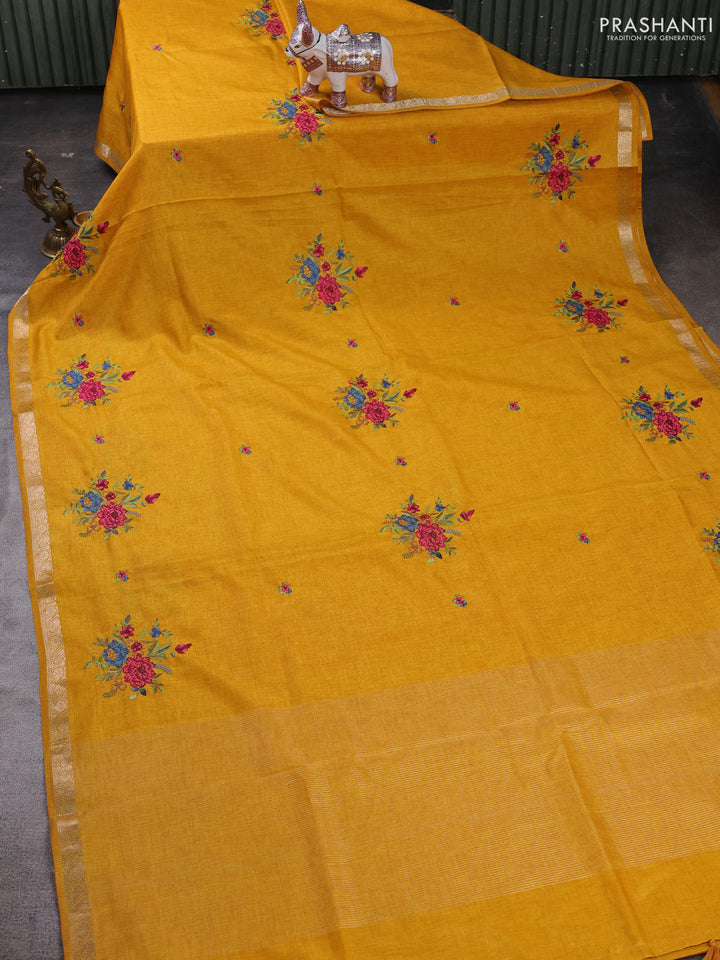 Mango Yellow Art Tussar Silk - Embroidery