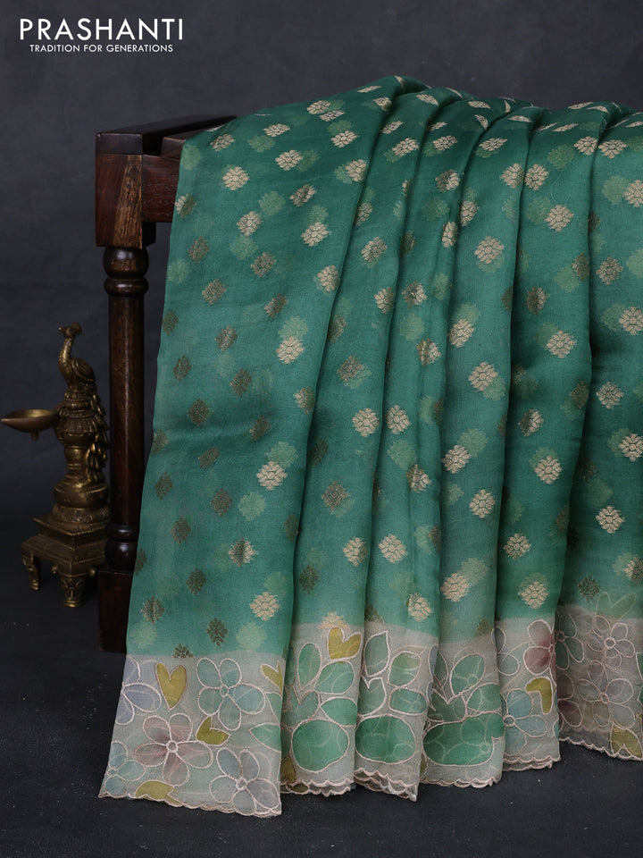 Green & Beige Pure Organza Silk - Embroidery