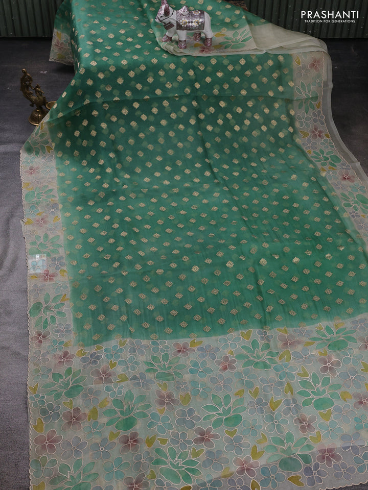 Green & Beige Pure Organza Silk - Embroidery