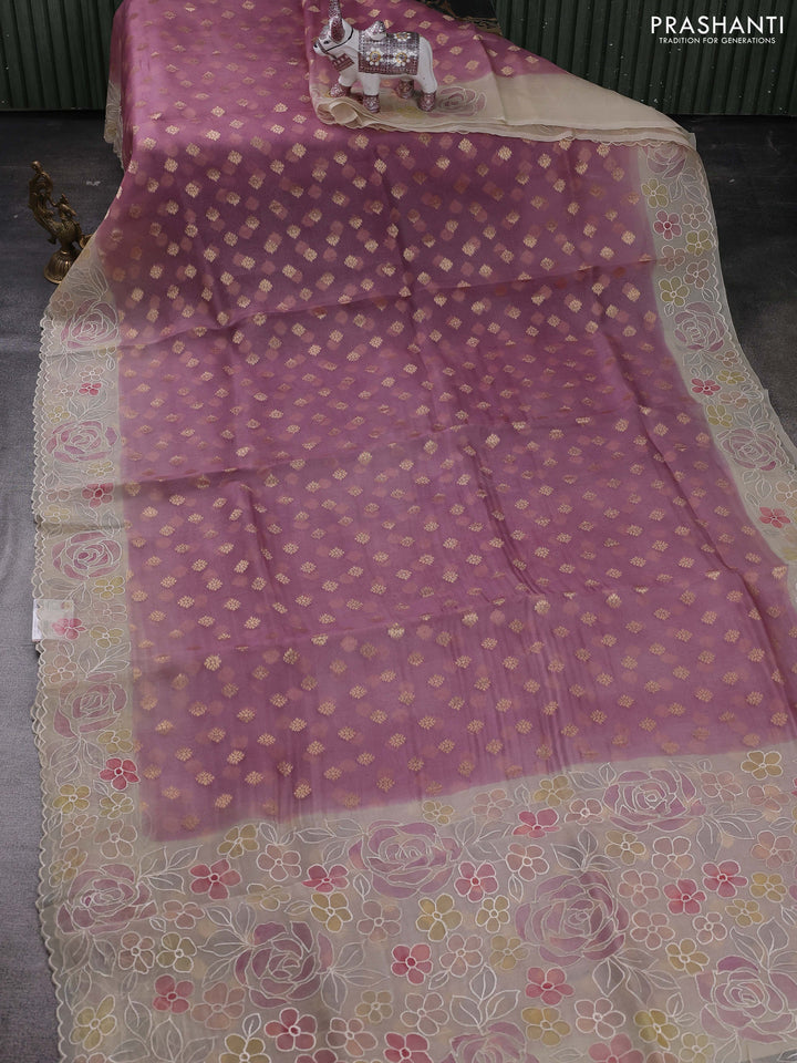 Mauve Pink & Beige Pure Organza Silk - Embroidery