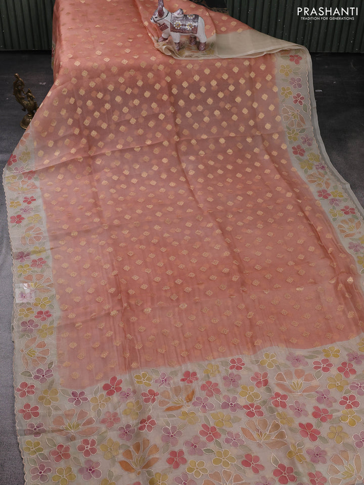 Peach & Beige Pure Organza Silk - Embroidery