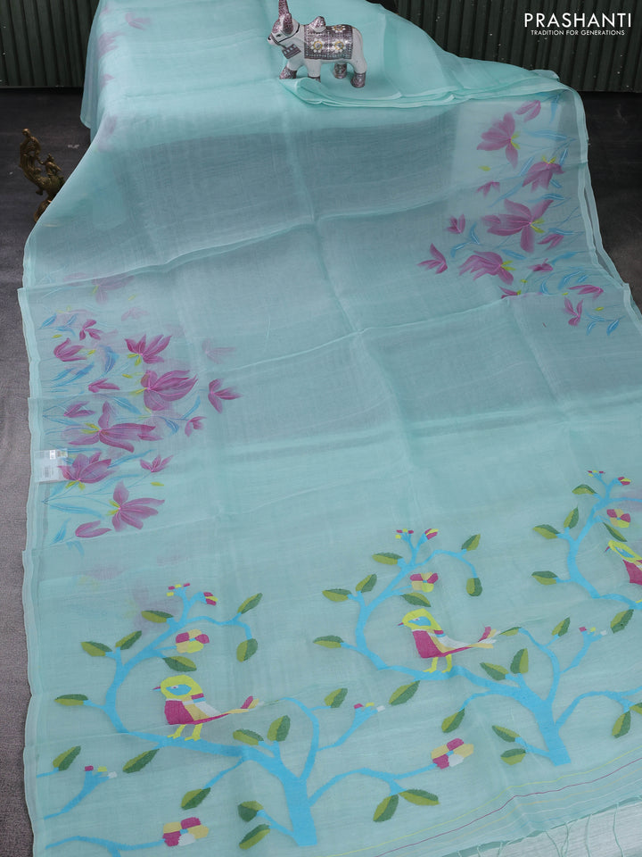 Teal Blue Pure Organza Silk - Embroidery