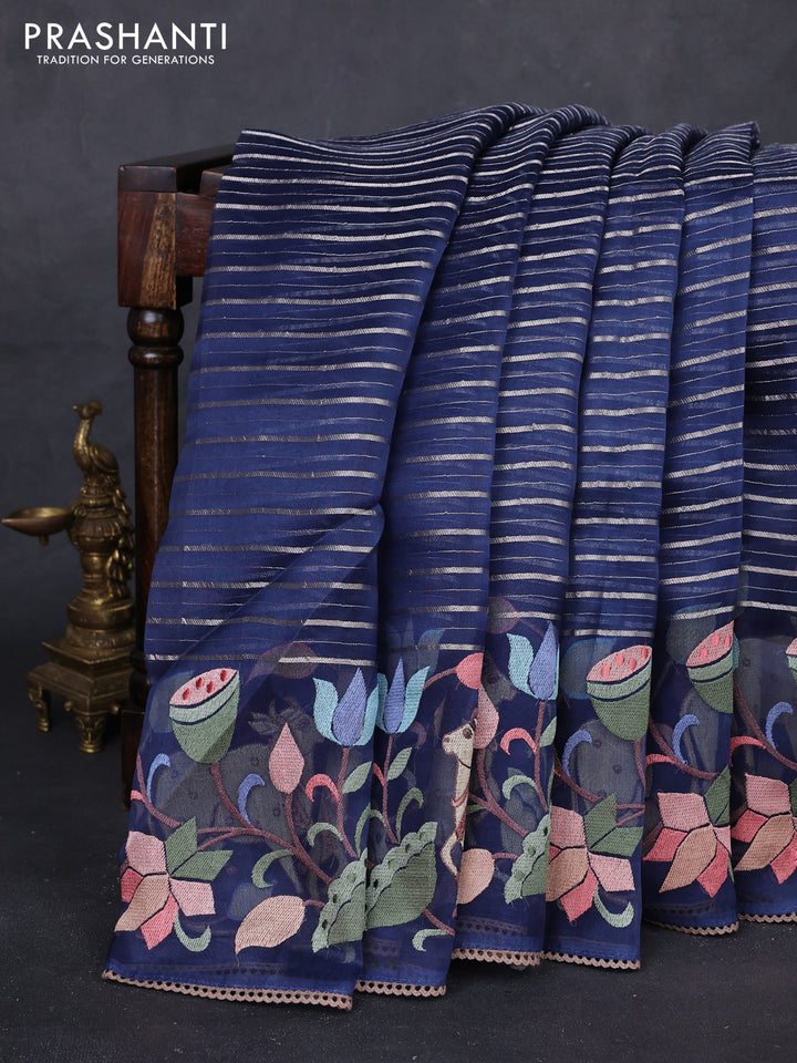Navy Blue Pure Organza Silk - Embroidery