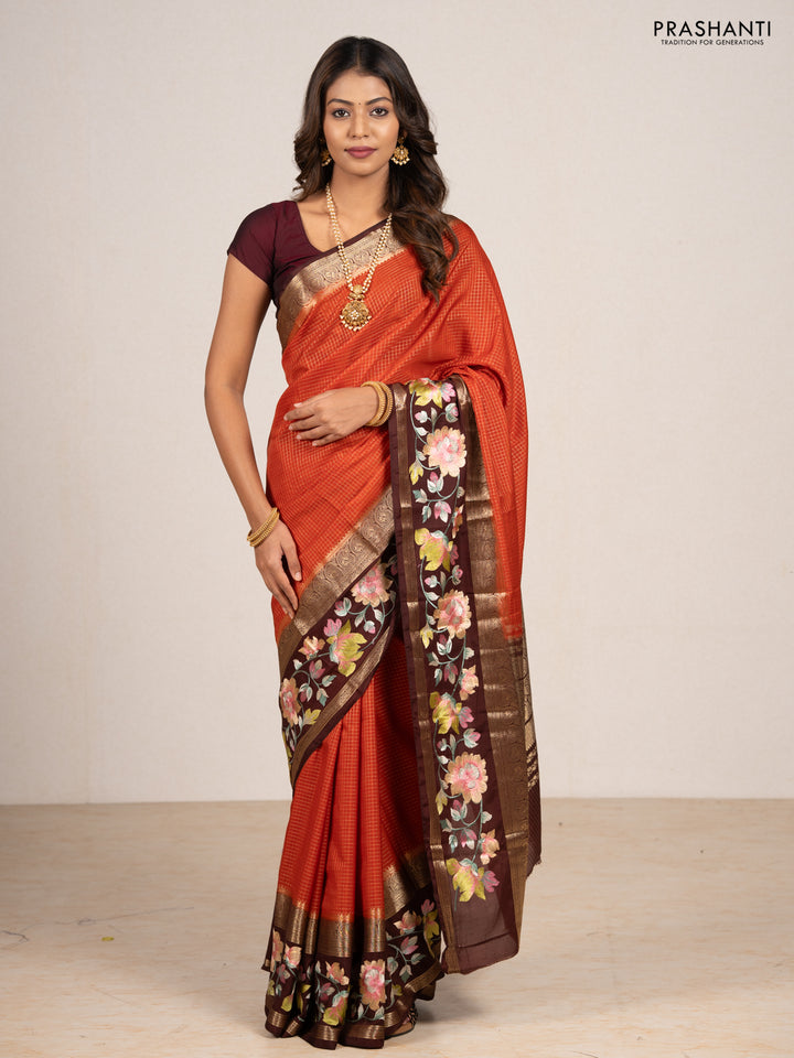 Rust & Coffee Brown Semi Mysore Silk - Embroidery