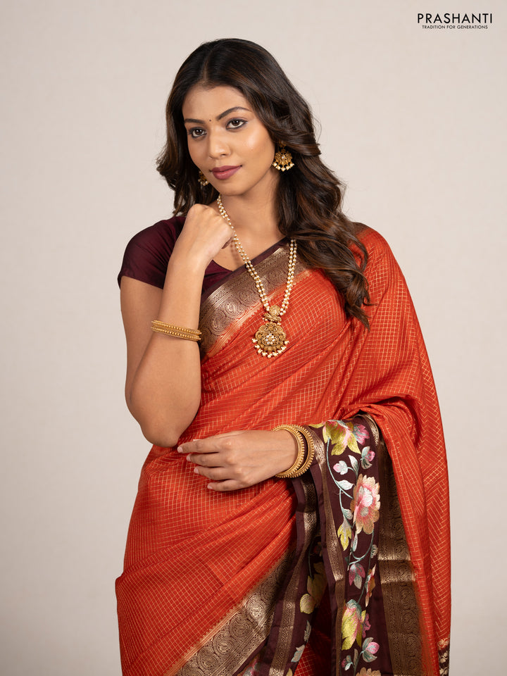 Rust & Coffee Brown Semi Mysore Silk - Embroidery
