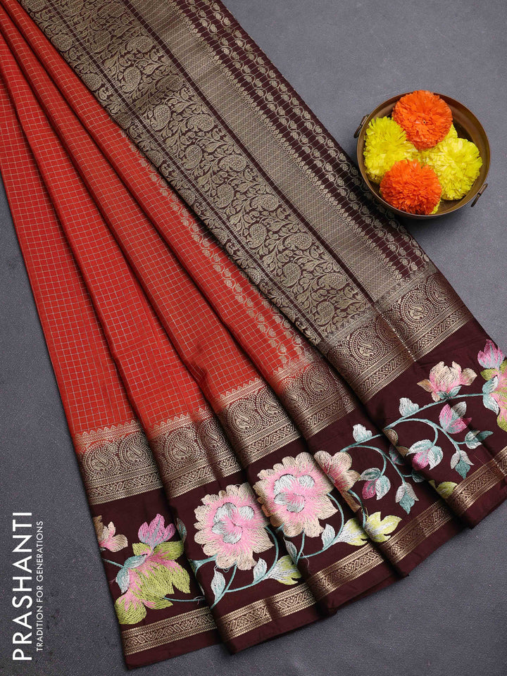 Rust & Coffee Brown Semi Mysore Silk - Embroidery