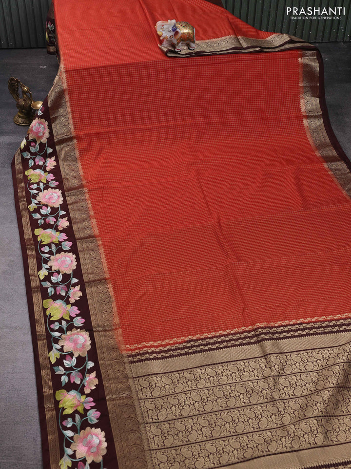 Rust & Coffee Brown Semi Mysore Silk - Embroidery