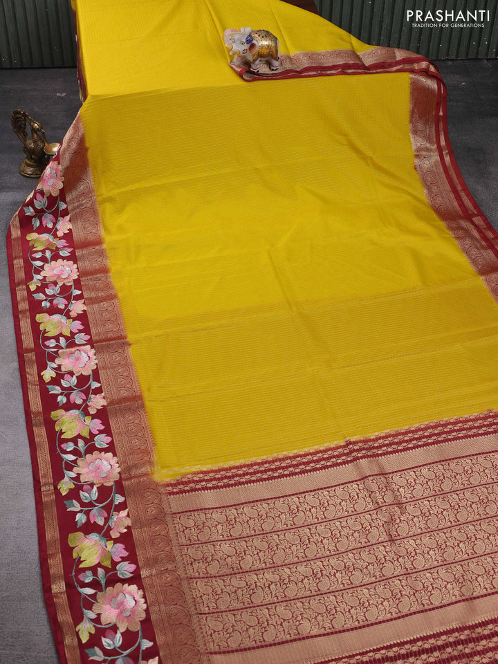Yellow & Maroon Semi Mysore Silk - Embroidery