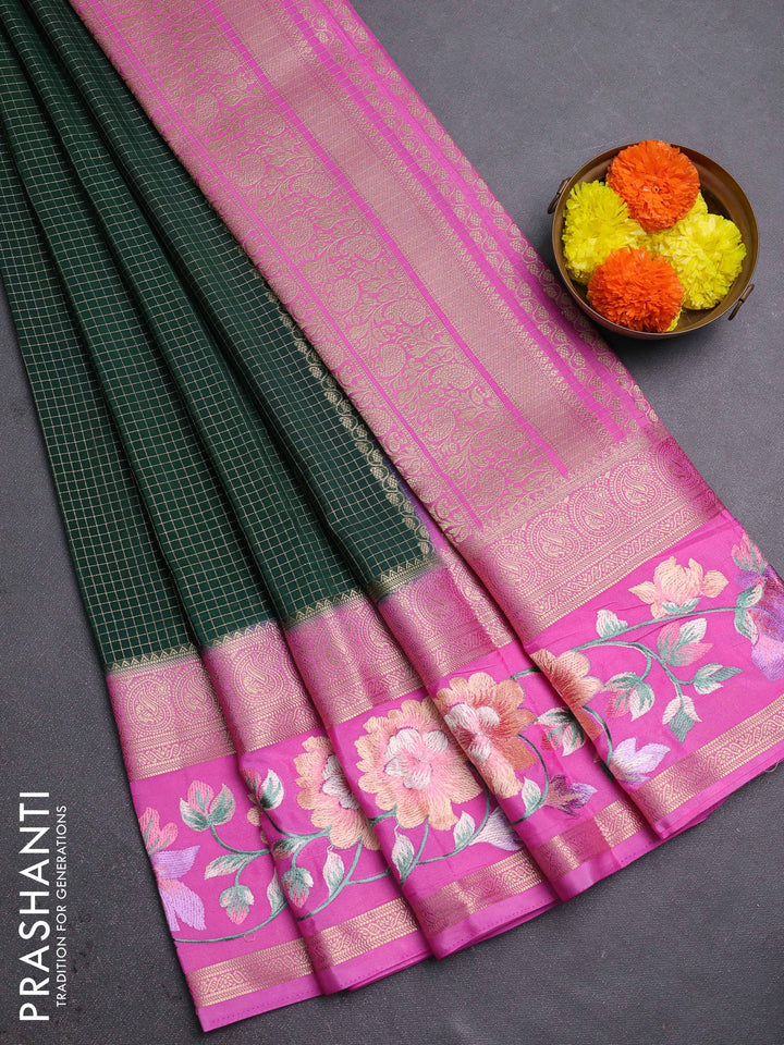 Green & Pink Semi Mysore Silk - Embroidery