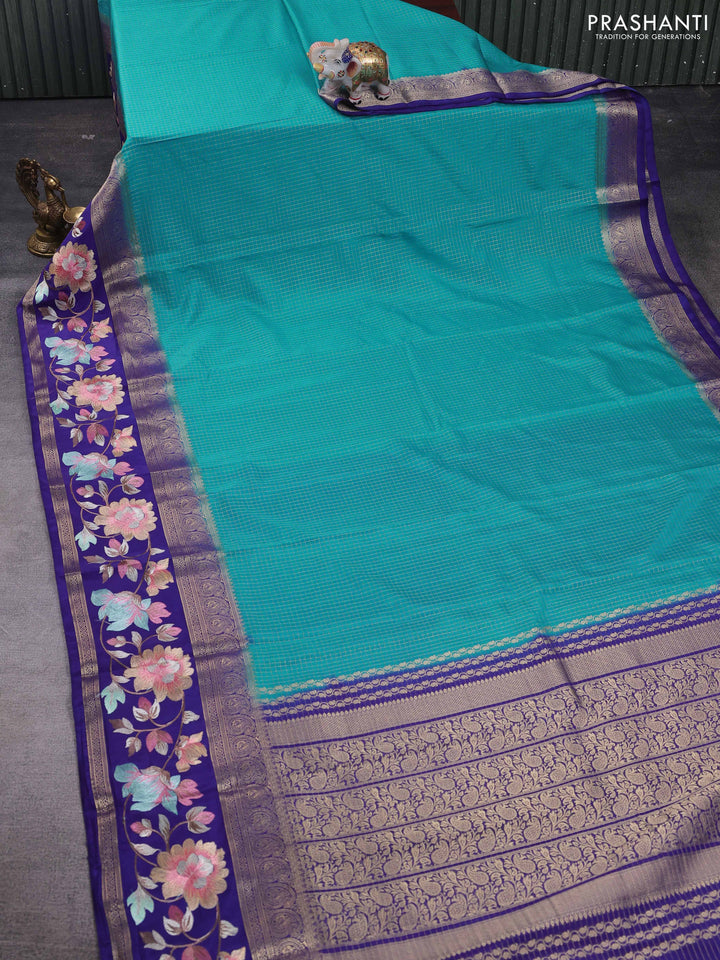 Teal Blue & Blue Semi Mysore Silk - Embroidery