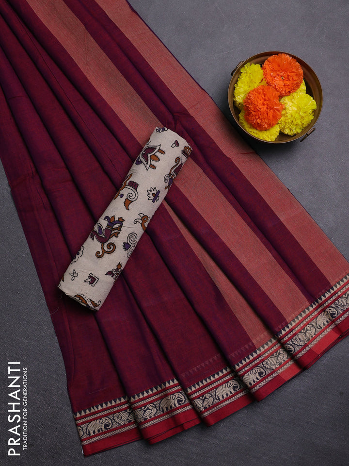 Magenta Pink & Beige Narayanpet Cotton - Kalamkari Blouse