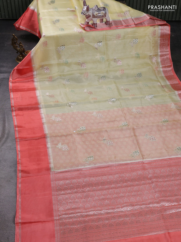 Pale Yellow & Peach Orange Banarasi Kota Silk Saree