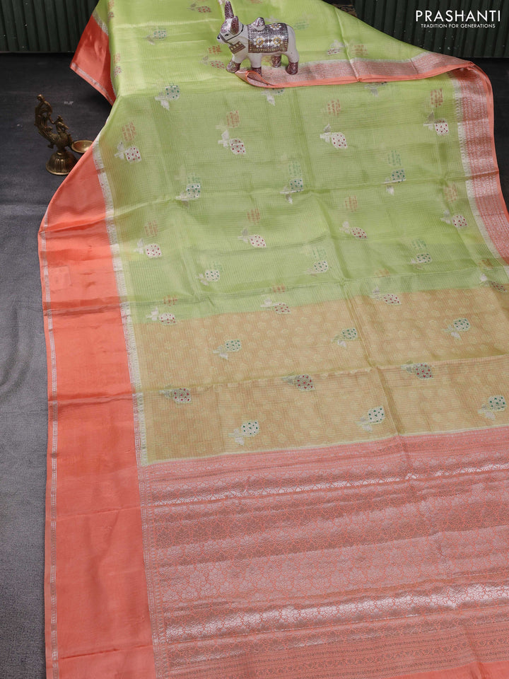 Pista Green & Orange Banarasi Kota Silk Saree