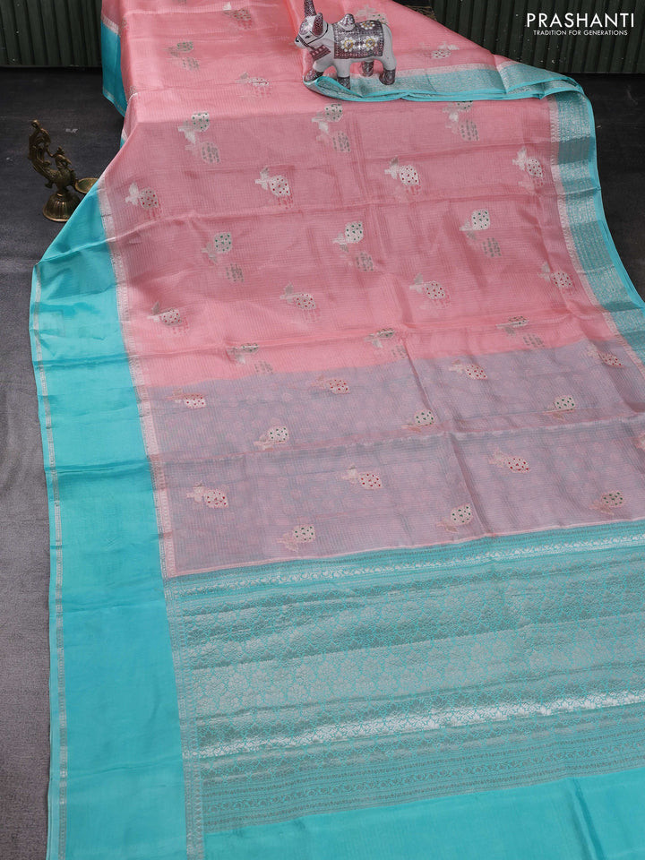 Peach & Teal Blue Banarasi Kota Silk Saree
