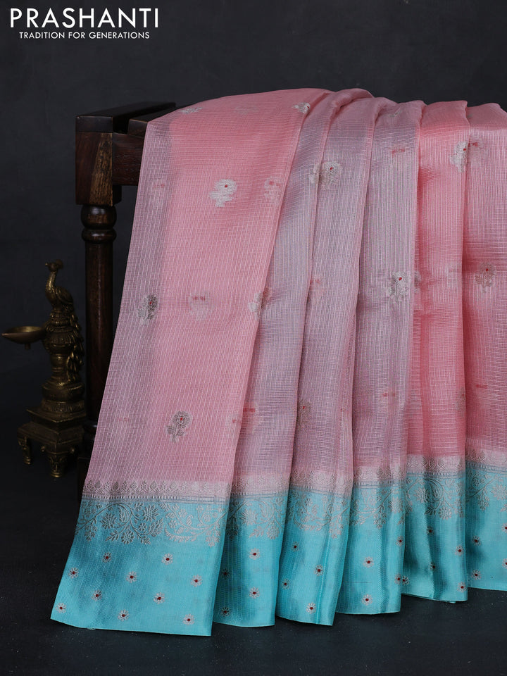 Peach & Teal Blue Banarasi Kota Silk Saree