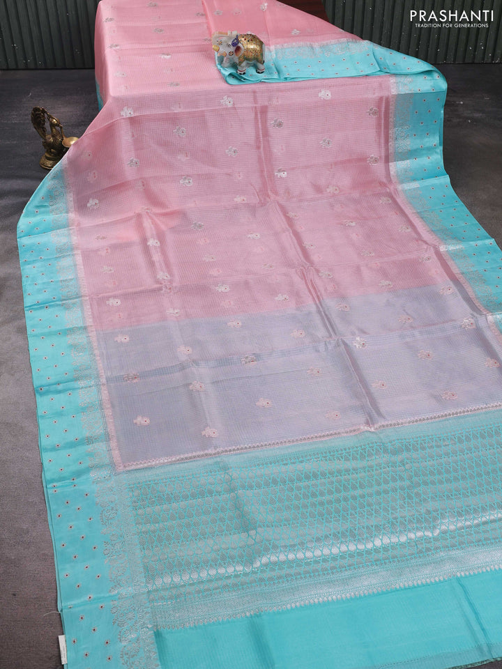 Peach & Teal Blue Banarasi Kota Silk Saree