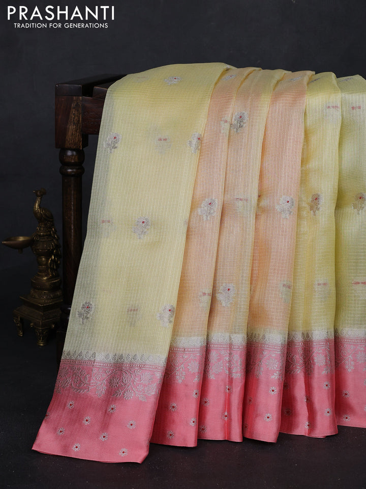 Pale Yellow & Peach Orange Banarasi Kota Silk Saree