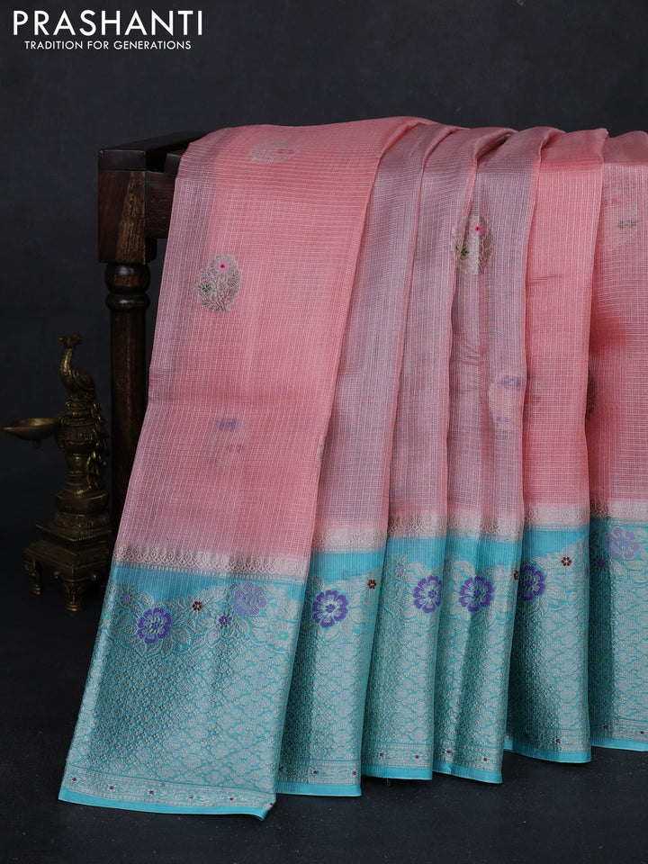 Peach & Teal Blue Banarasi Kota Silk Saree