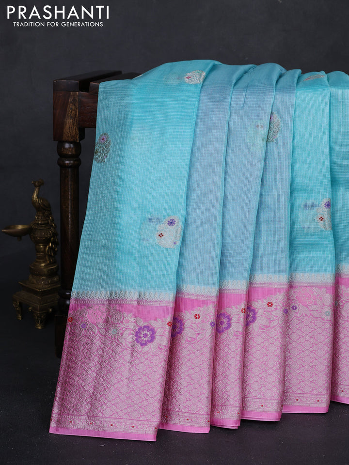 Teal Blue & Pink Banarasi Kota Silk Saree