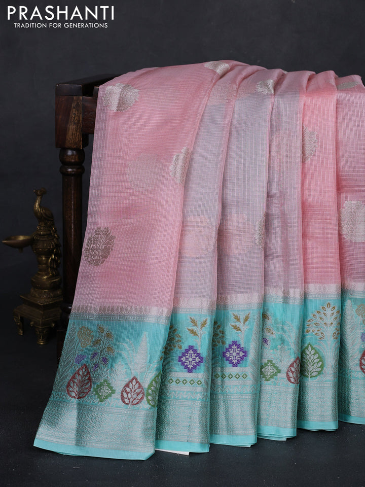 Peach Pink & Teal Blue Banarasi Kota Silk Saree