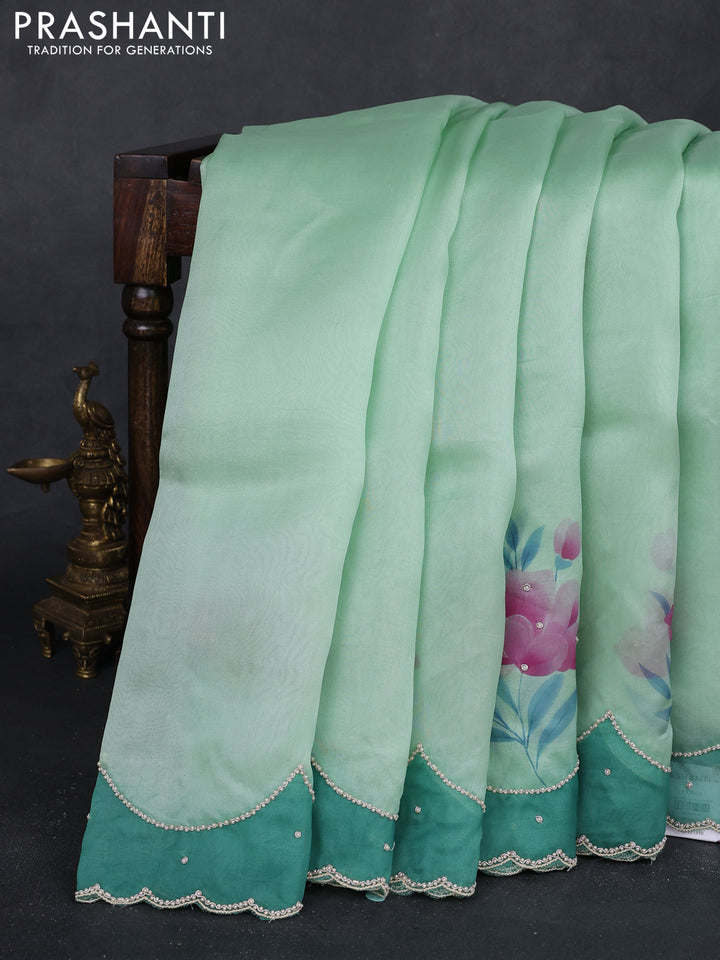 Teal Green & Green Pure Organza Silk - Embroidery