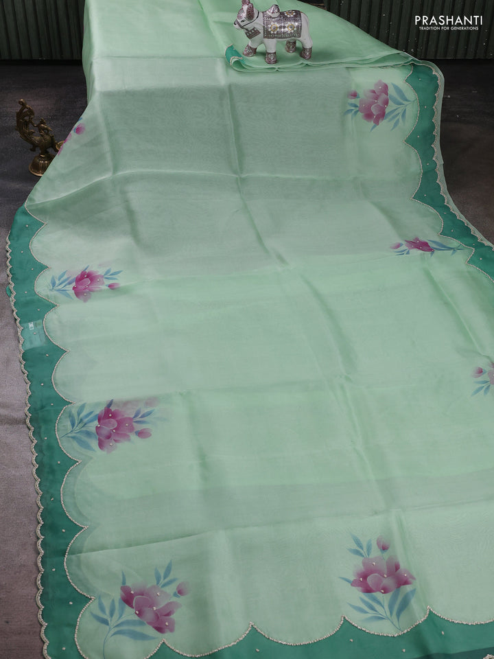 Teal Green & Green Pure Organza Silk - Embroidery