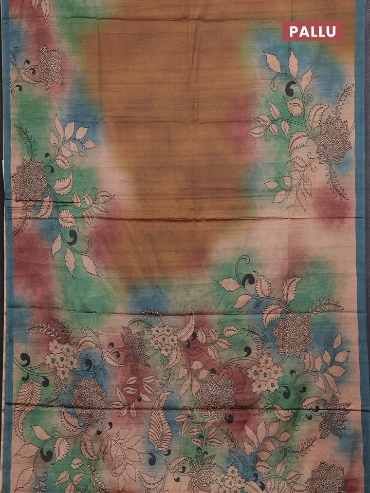 Mustard & Peacock Blue Printed Silk - Kalamkari Prints