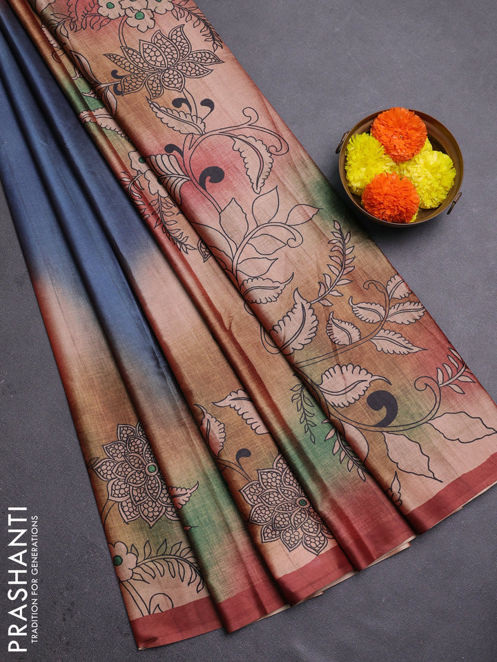 Peacock Blue & Rust Printed Silk - Kalamkari Prints