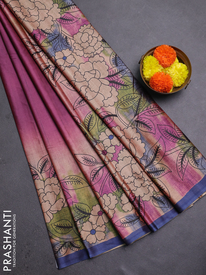Magenta Pink & Navy Blue Printed Silk - Floral Prints