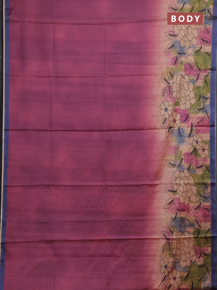 Magenta Pink & Navy Blue Printed Silk - Floral Prints