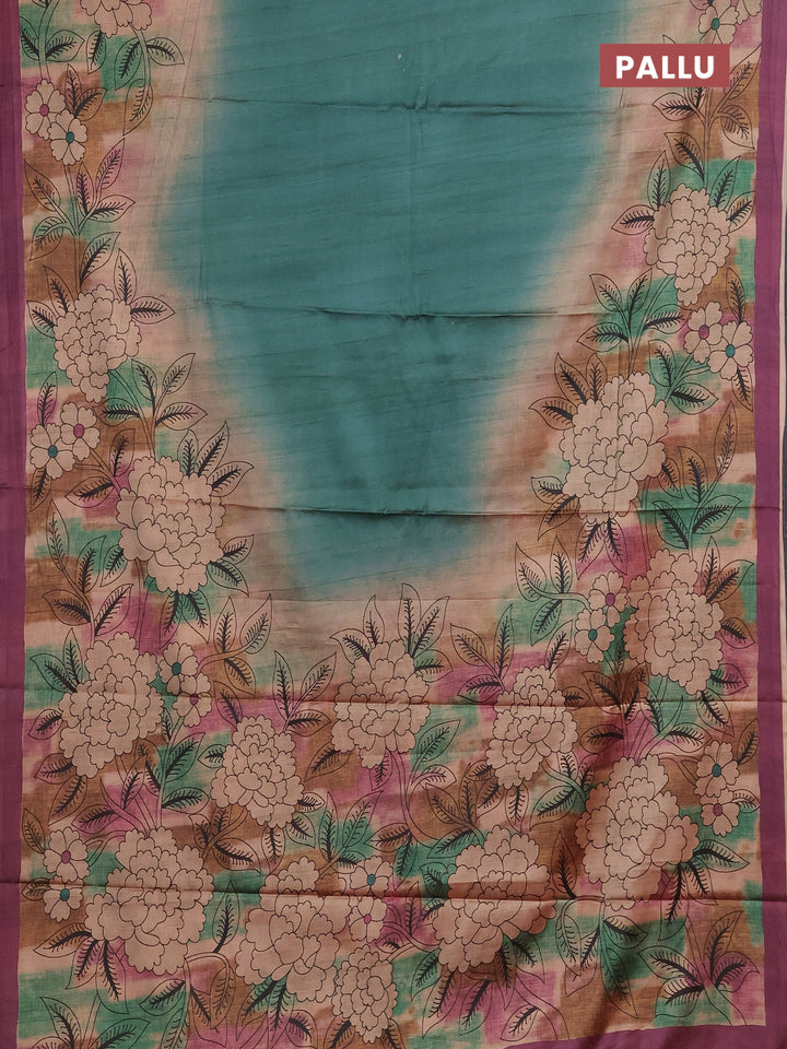 Green & Magenta Pink Printed Silk - Floral Prints