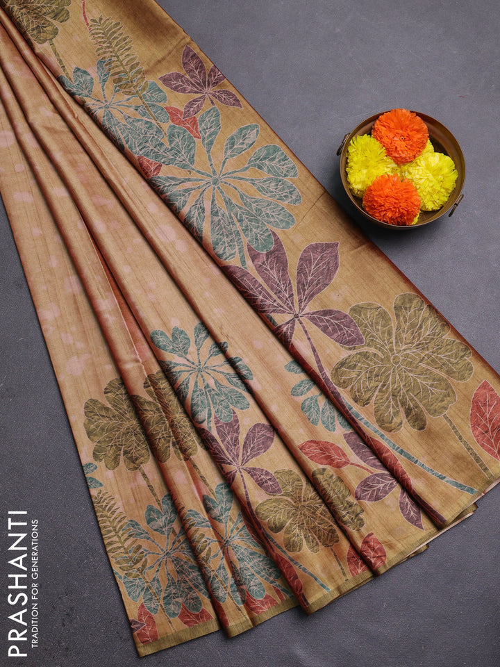 Peach & Mehendi Green Printed Silk - Floral Prints