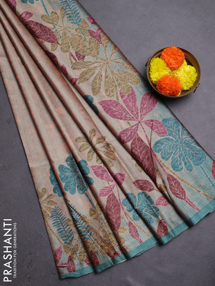 Peach & Peacock Green Printed Silk - Floral Prints