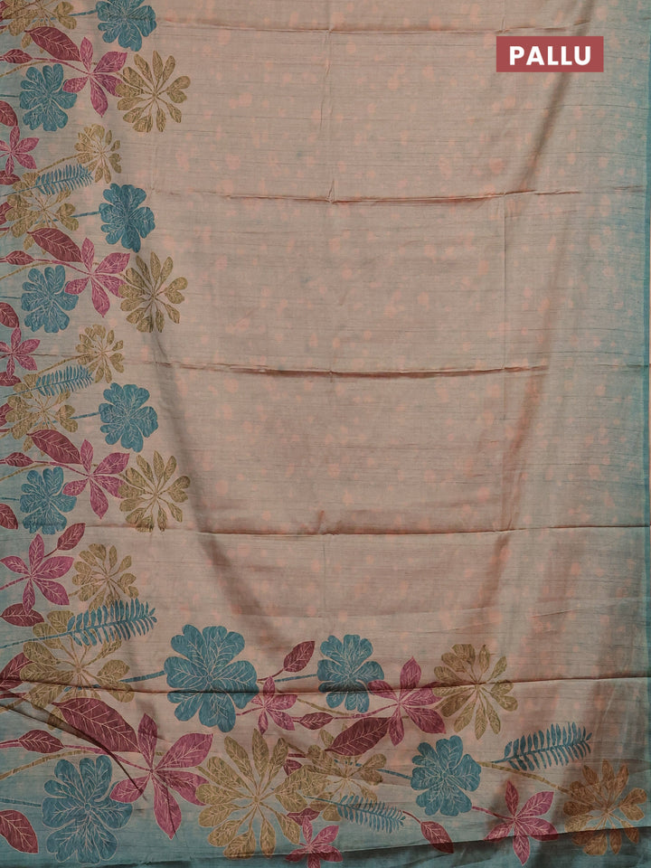 Peach & Peacock Green Printed Silk - Floral Prints