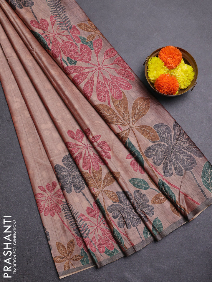 Peach & Grey Printed Silk - Floral Prints