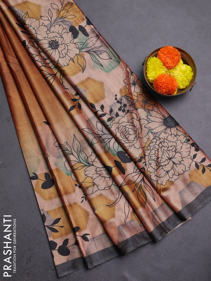 Mustard Yellow & Grey Printed Silk - Floral Prints