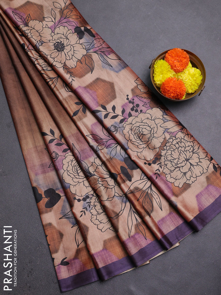 Brown & Purple Printed Silk - Floral Prints