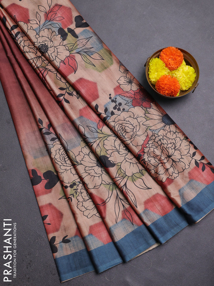 Maroon & Peacock Blue Printed Silk - Floral Prints
