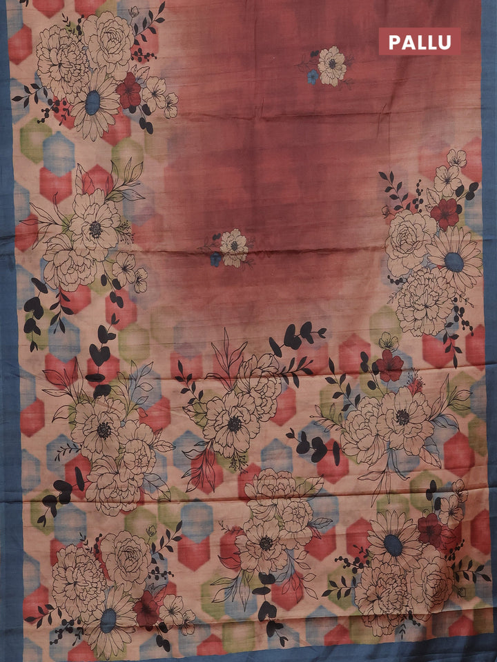 Maroon & Peacock Blue Printed Silk - Floral Prints