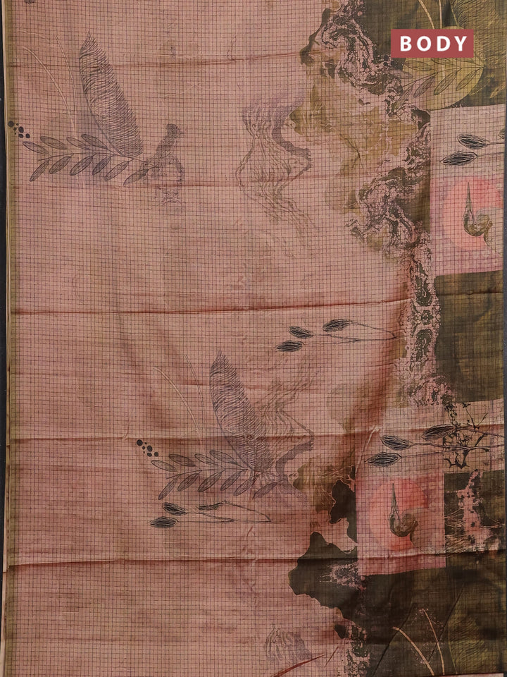 Peach & Olive Green Printed Silk - Leaf Prints