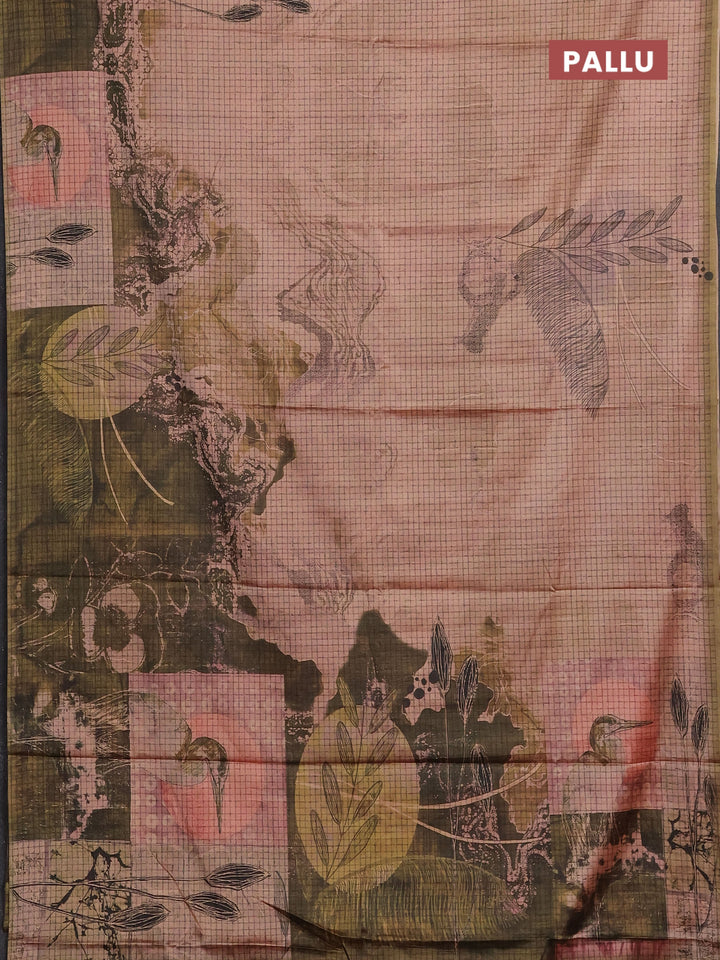 Peach & Olive Green Printed Silk - Leaf Prints