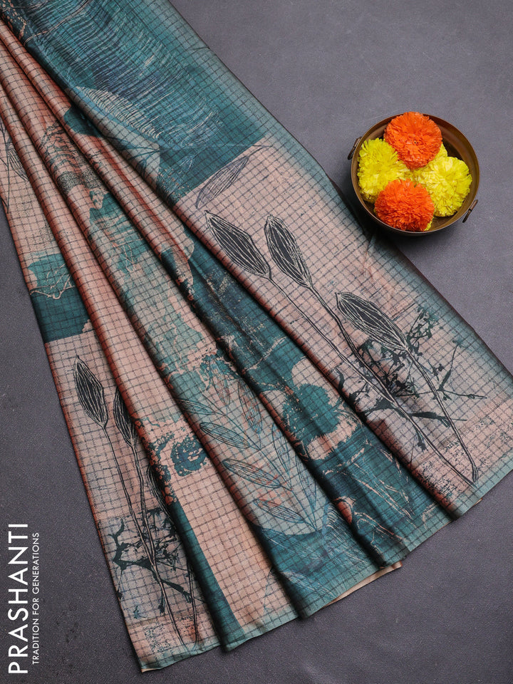 Peach & Peacock Green Printed Silk - Leaf Prints